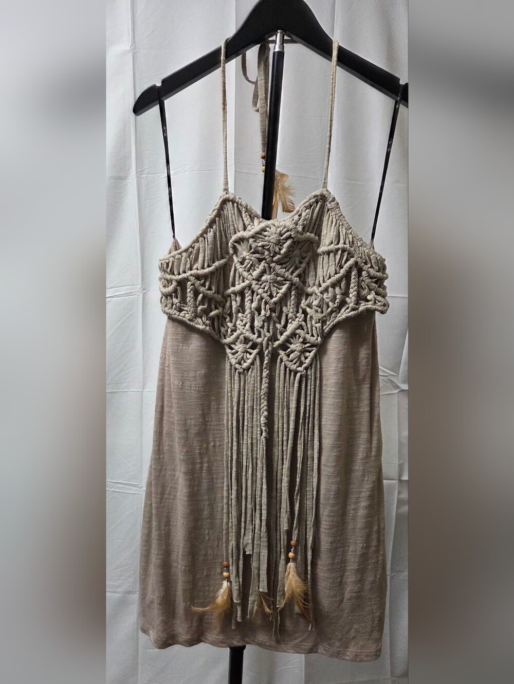 Miss Me Boho Macrame Fringe Beaded Feather Halter Mini Dress Tunic M